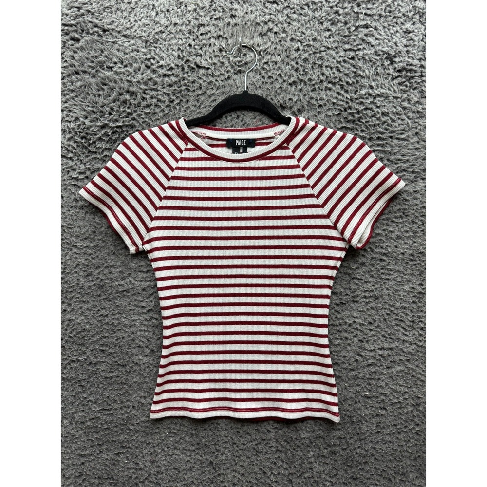 Paige Bijou Striped Rib-Knit Short Sleeve Crewneck T-Shirt White Red Womens XS